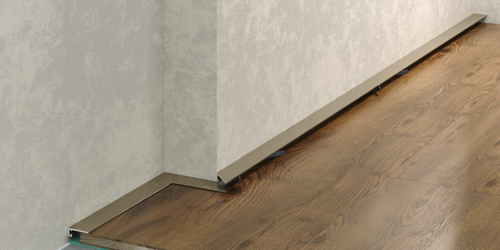 Отделка стен и потолка Микроплинтус LACONISTIQ  micro 15 classic Шампань анодированный (15х5х2450мм) 7 зажимов в комплекте