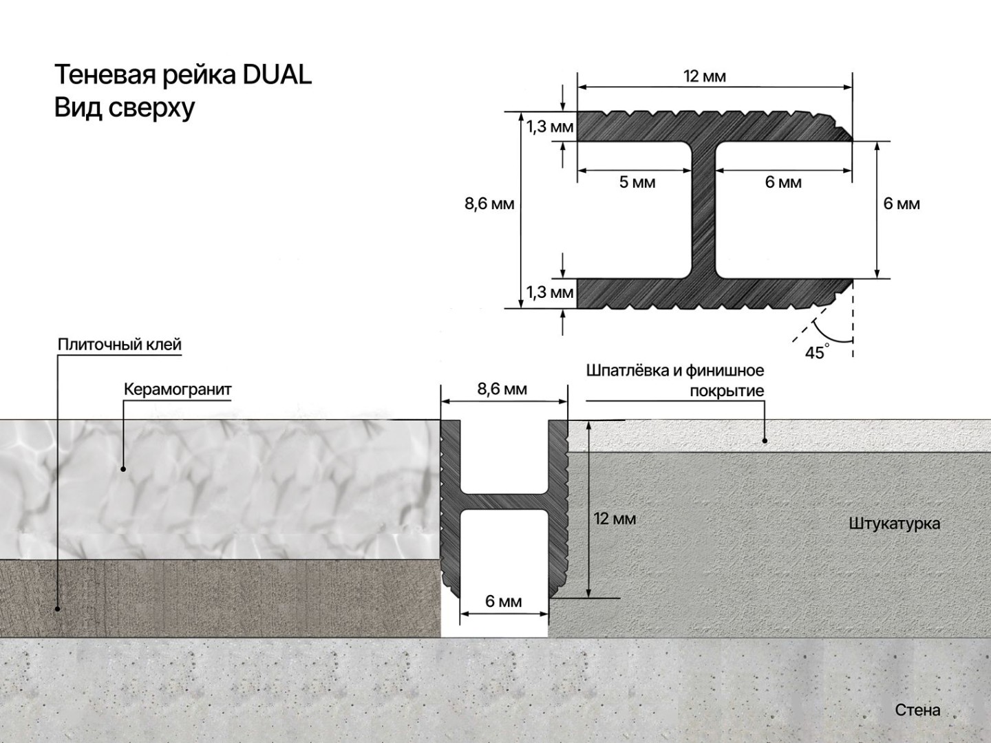 Отделка стен и потолка Теневая рейка LACONISTIQ DUAL, под панели и керамог. Чёрная анодированная