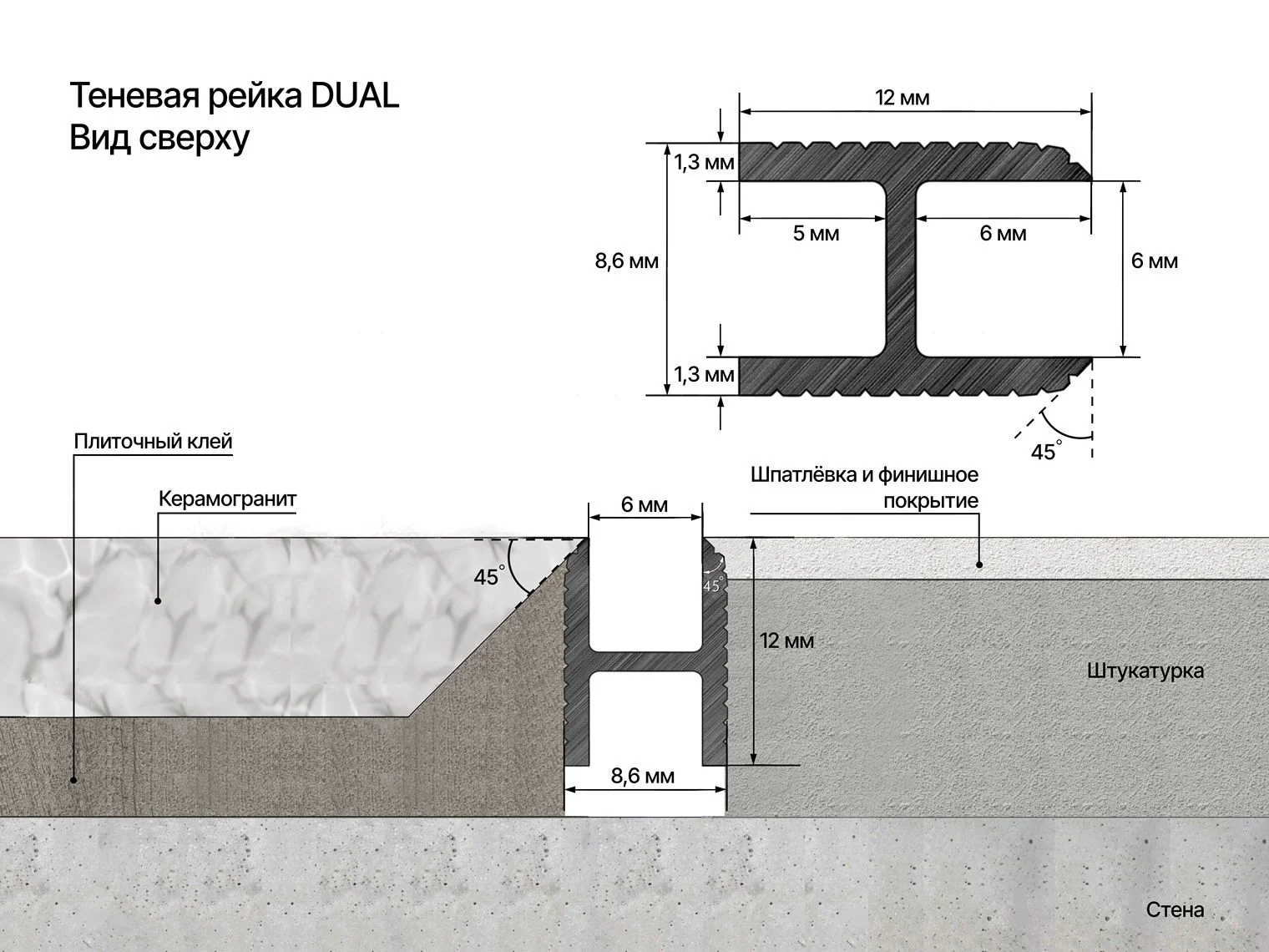 Отделка стен и потолка Теневая рейка LACONISTIQ DUAL, под панели и керамог. Чёрная анодированная