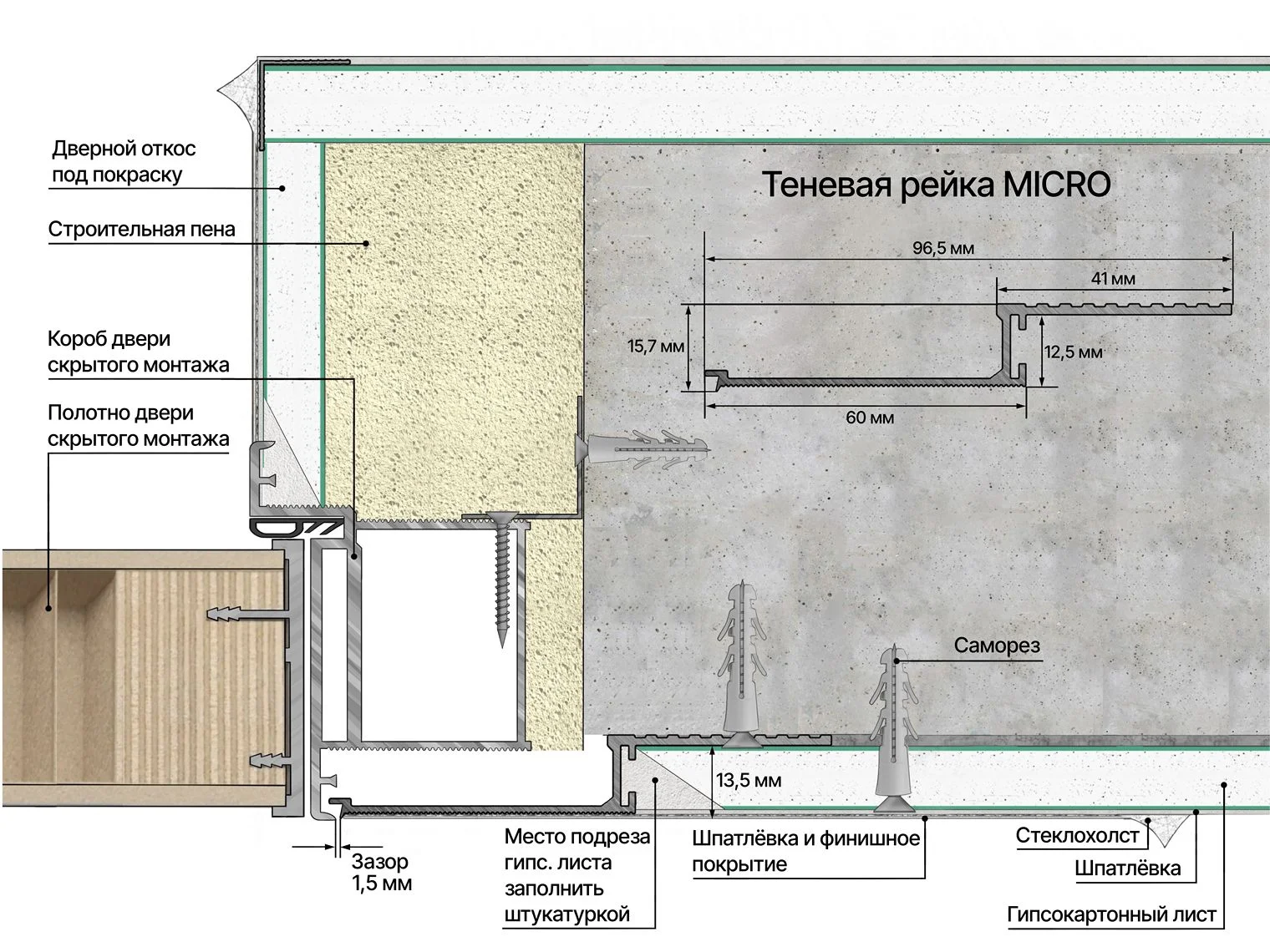 Отделка стен и потолка Теневая рейка micro 1М (скрытый наличник) Laconistiq Черный МУАР RAL9005 (краска только на лиц. части)