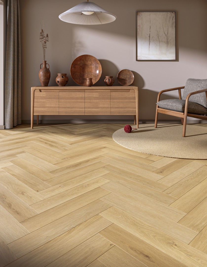 SPC Ламинат Каменно-полимерная плитка My Step Aqua Herringbone Cork EWH-7136