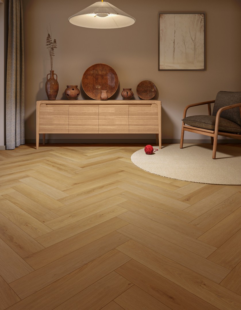 SPC Ламинат Каменно-полимерная плитка My Step Aqua Herringbone Cork EWH-7136