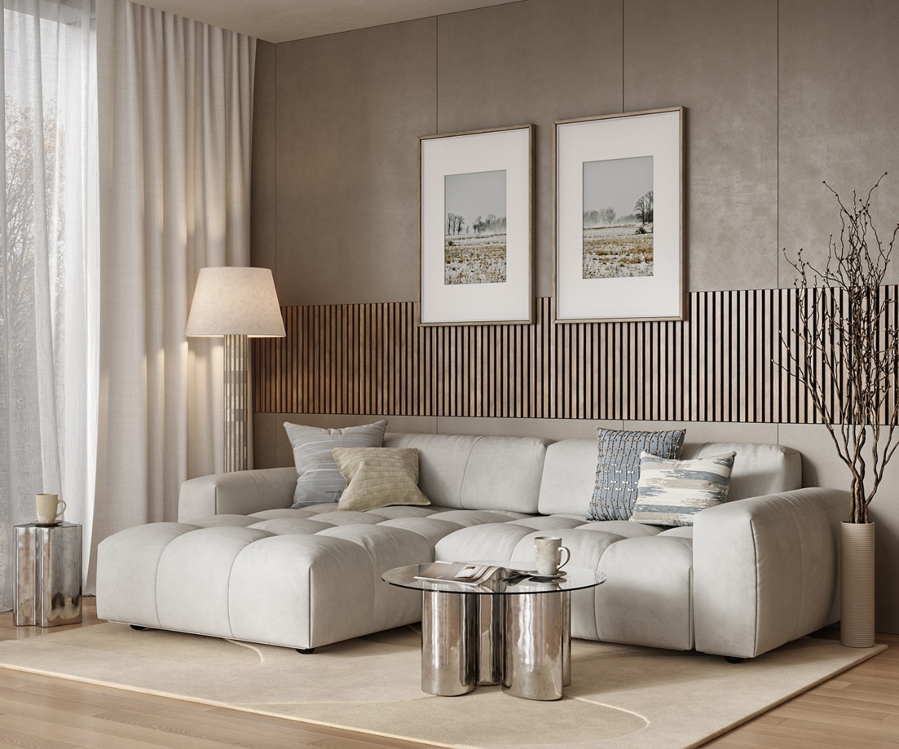 Отделка стен и потолка Акустическая панель Cosca, 2750х600х19мм, серый войлок, ясень тирамису